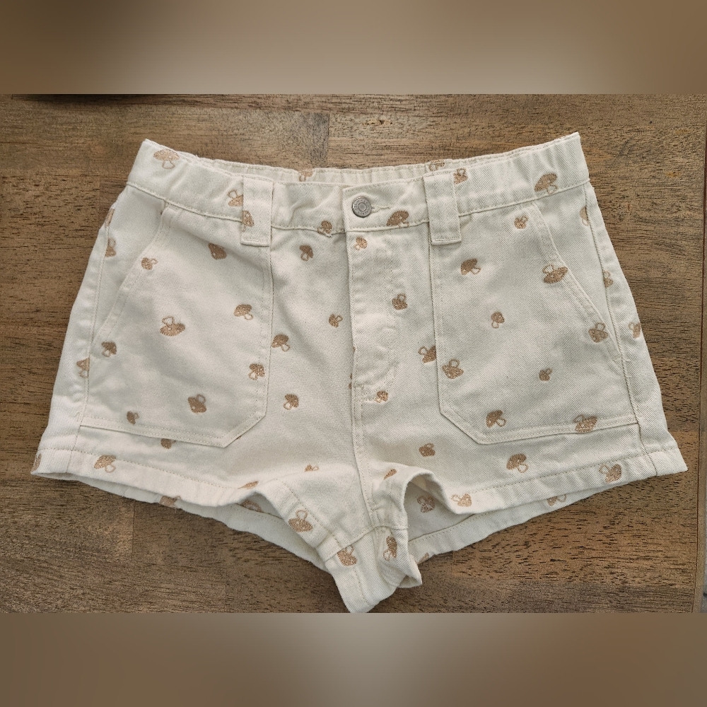 Pac Sun Mushroom Festival Hippie High Waist Denim Shorts Tan Beige Size L (H18)